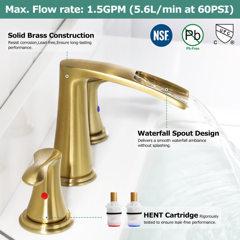 PARLOS Waterfall Widespread Bathroom Faucet Double Handles with Pop Up Drain & cUPC Faucet Supply Lines, Brushed Gold, Demeter 1431808