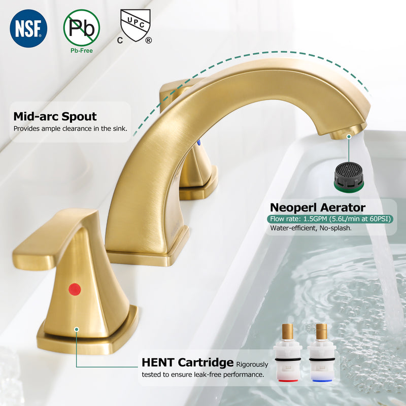 PARLOS 2-Handle Widespread Bathroom Faucet with Pop Up Drain and cUPC Faucet Supply Lines, Brushed Gold, Doris,1.5GPM (1417208)
