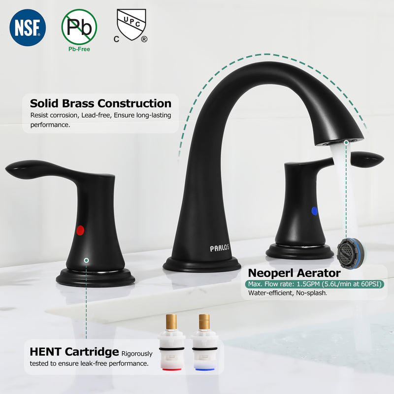 PARLOS Widespread 2 Handles Bathroom Faucet with Pop Up Sink Drain and cUPC Faucet Supply Lines, Matte Black, Demeter （14135）