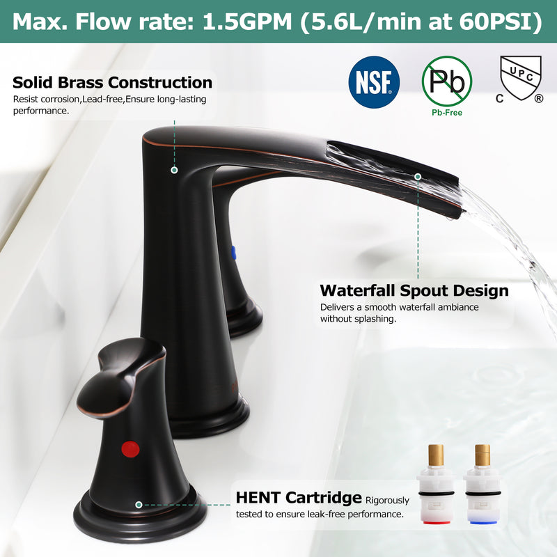 PARLOS Waterfall Widespread Bathroom Faucet Double Handles with Pop Up Drain & cUPC Faucet Supply Lines, Oil Rubbed Bronze, Demeter 1431803