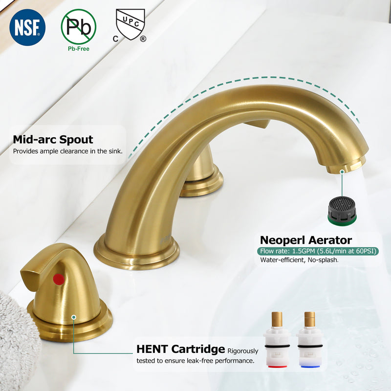 PARLOS Widespread Two Handles Bathroom Faucet with Metal Pop Up Drain and cUPC Faucet Supply Lines, Brushed Gold (1435008)