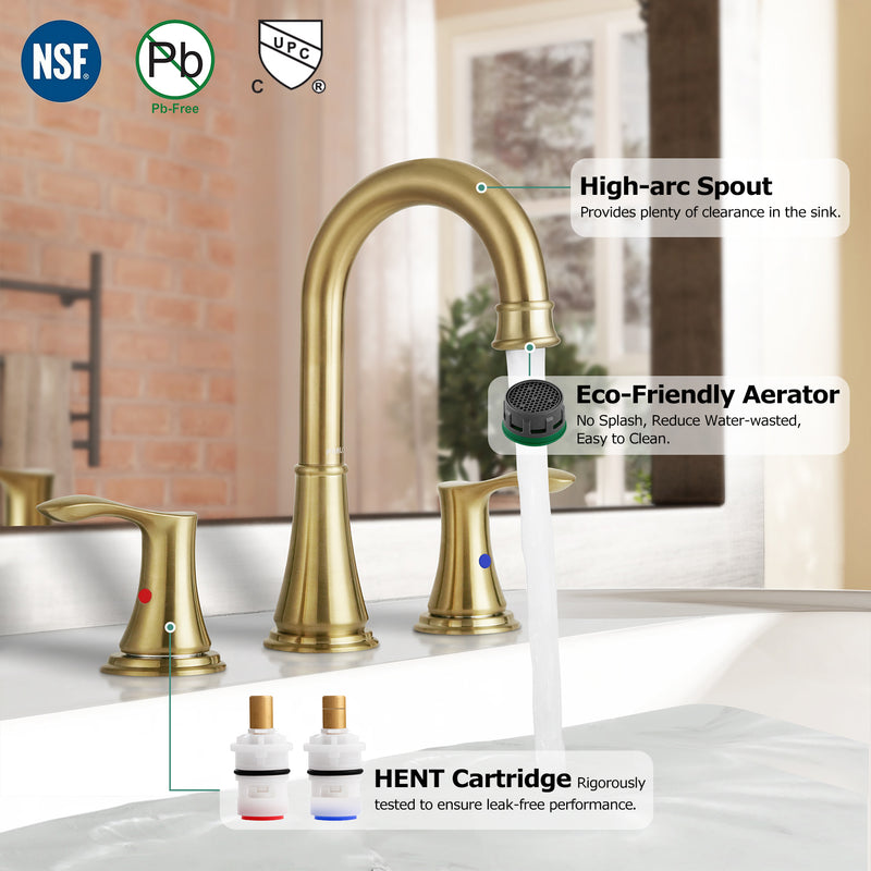 PARLOS Brushed Gold Widespread Double Handles Bathroom Faucet with Pop Up Drain and cUPC Faucet Supply Lines, Demeter,1.5GPM（1365108）