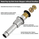 PARLOS Bathroom Sink Drain without Overflow, Metal Pop Up Drain for Vessel Sink, Brushed Gold, 2108608
