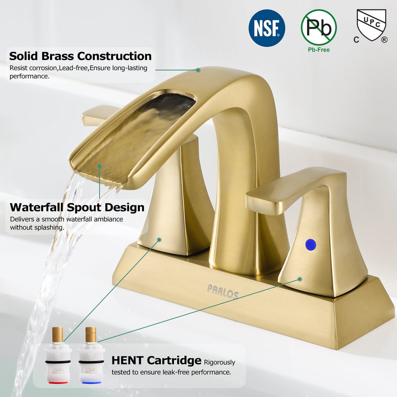 PARLOS 2 Handles Waterfall Bathroom Faucet with Pop-up Drain and Faucet Supply Lines, Brushed Gold, Doris,1.5GPM（1406808）