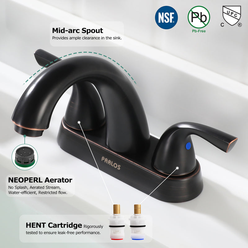 PARLOS Two-Handle Bathroom Sink Faucet 4 inch Drain Assembly Supply Hose Lead-free CUPC Deck Mounted Oil Rubbed Bronze,1.5 GPM (13597)