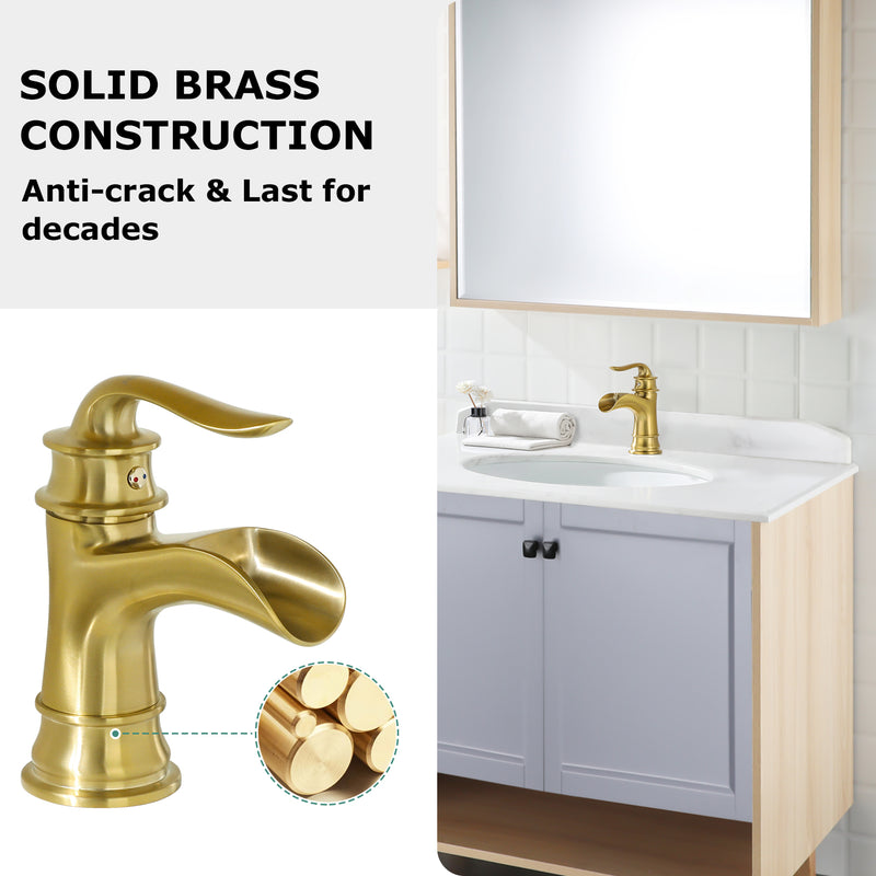 PARLOS Single Handle Bathroom Faucet, Waterfall Sink Faucet with Pop Up Drain, Escutcheon and Cupc Water Supply Lines, Brushed Gold, 1434908