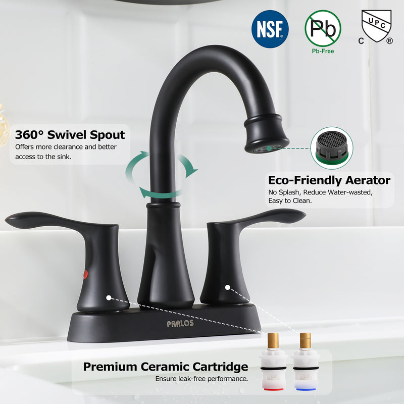 PARLOS 2-Handle Bathroom Sink Faucet High Arc Swivel Spout with Drain assembly and Faucet Supply Lines, Matte Black, Demeter，1.5GPM (14134)