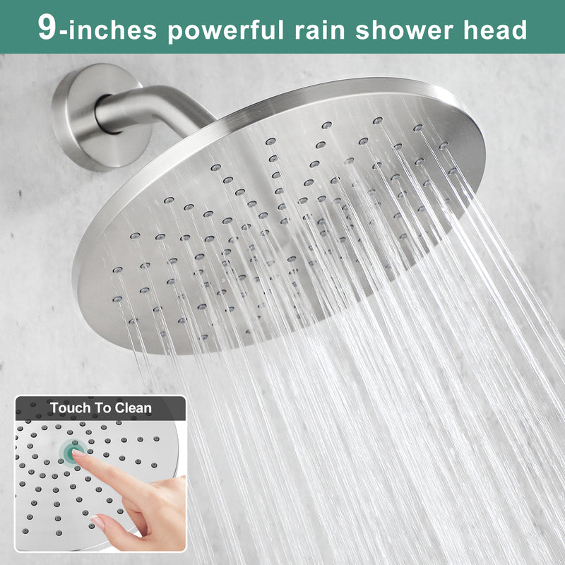 PARLOS Shower System, Shower Faucet Set with Tub Spout(Valve Included), 9 Inch Single-Function Rain Shower Head and Tub Spout with Diverter, Brushed Nickel,1.8gm (1437002P)