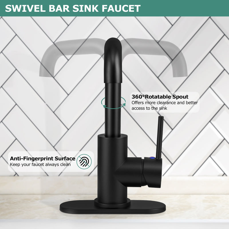 PARLOS Bar Sink Faucet Single Handle Swivel Bar Mixer with 3 Hole Deck Plate, Single Hole Small Faucet for Bathroom Kitchen Sink, Matte Black, 1440304PD