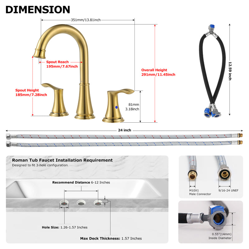 PARLOS 2-Handle Widespread High Arc Roman Bathtub Faucet Tub Filler with Valve & Faucet Supply Lines, Brushed Gold, Demeter 1436208