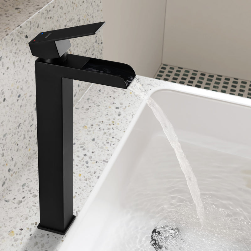 PARLOS Waterfall Vessel Sink Faucet Tall Bathroom Faucet Single Handle, Single Hole Bowl Basin Mixer Tap with Water Supply Lines, Matte Black, 1441104D