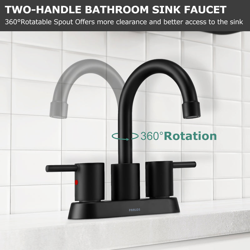 PARLOS 2-Handle Swivel Bathroom Sink Faucet Without Drain Assembly, Small Vanity Faucet 3 Hole Centerset Lavatory Faucet, Matte Black, 1438204PD