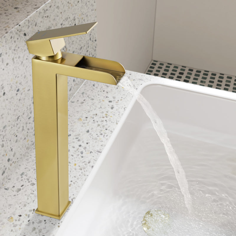 Tall Vessel Sink Faucet - Waterfall Spout, Brushed Gold & Matte Black, Single Handle, Includes Drain & Supply Lines