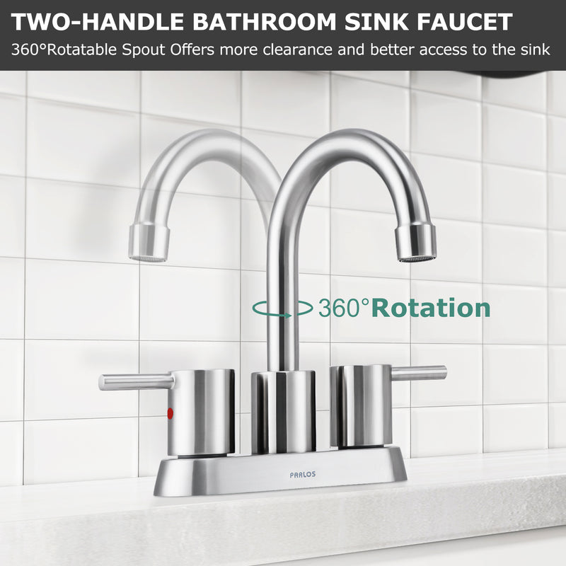 PARLOS 2-Handle Swivel Bathroom Sink Faucet Without Drain Assembly, Small Vanity Faucet 3 Hole Centerset Lavatory Faucet, Brushed Nickel, 1438202PD