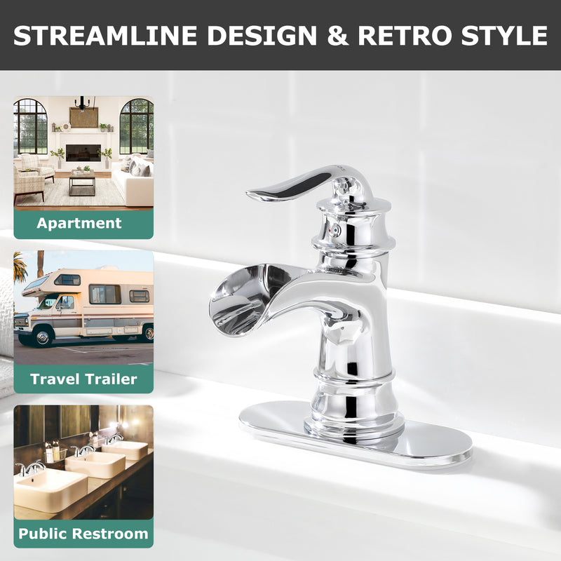 PARLOS Single Handle Bathroom Faucet, Waterfall Sink Faucet with Pop Up Drain, Escutcheon and Cupc Water Supply Lines, Chrome, 1434901