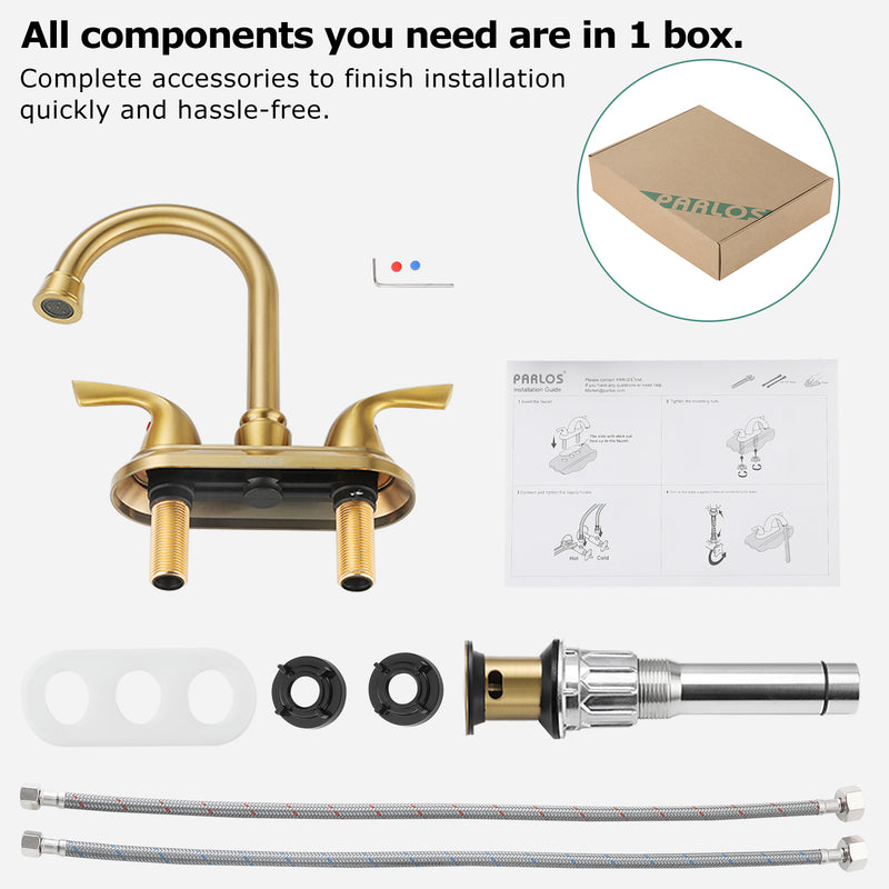 PARLOS Two-Handle Bathroom Sink Faucet Metal Drain Assembly Supply Hose Mixer Double Handle Tap Laundry Brushed Gold, 1359108