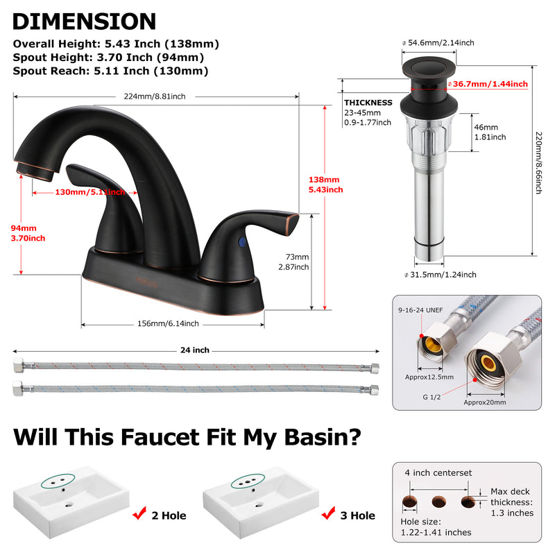 PARLOS 2-Handle Bathroom Sink Faucet with Metal Drain Assembly and Supply Hose Lead-Free cUPC Mixer Double Handle Tap Deck Mounted Oil Rubbed Bronze, 1.2 GPM (13597P)