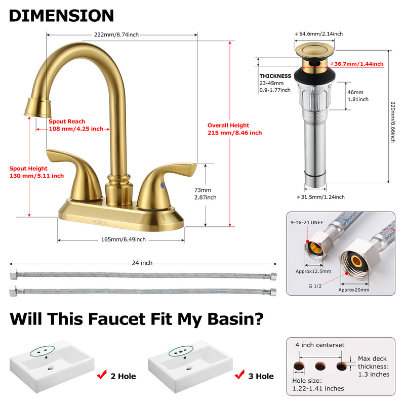 PARLOS Two-Handle Bathroom Sink Faucet Metal Drain Assembly Supply Hose Mixer Double Handle Tap Laundry Brushed Gold, 1359108