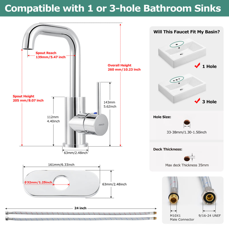 PARLOS Bar Sink Faucet Single Handle Swivel Bar Mixer with 3 Hole Deck Plate, Single Hole Small Faucet for Bathroom Kitchen Sink, Chrome, 1440301PD