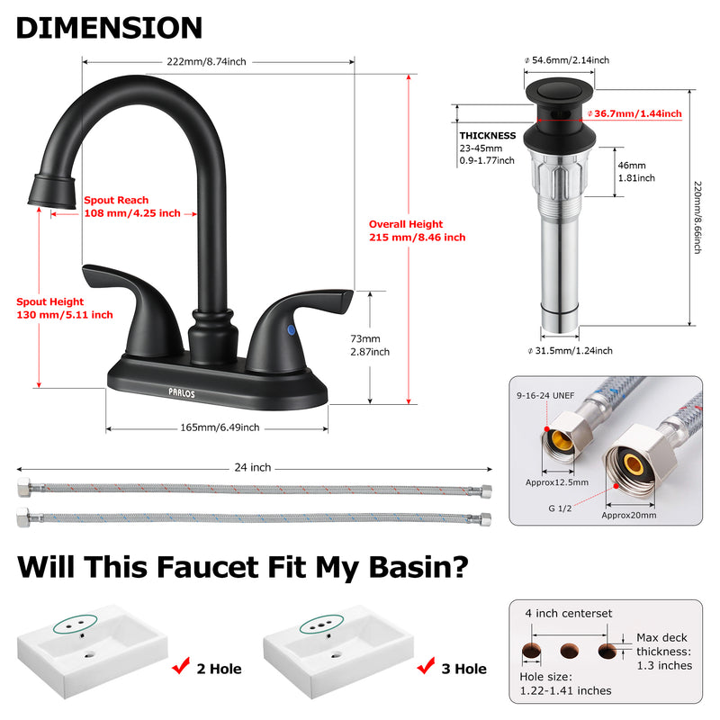 PARLOS Two-Handle Bathroom Sink Faucet with Metal Drain Assembly and Supply Hose Lead-Free cUPC Mixer Double Handle Tap Laundry Utility Faucet, Matte Black, 1.2 GPM (1359104P)
