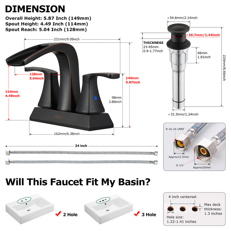 PARLOS Waterfall Spout 2 Handles Bathroom Faucet with Pop-up Drain and Faucet Supply Lines, Oil Rubbed Bronze, Doris,1.5GPM（14069）