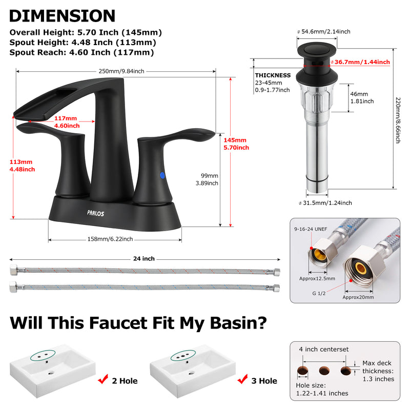 PARLOS 2 Handles Waterfall Bathroom Faucet with Pop-up Drain and Faucet Supply Lines, Matte Black, Demeter （1431704）