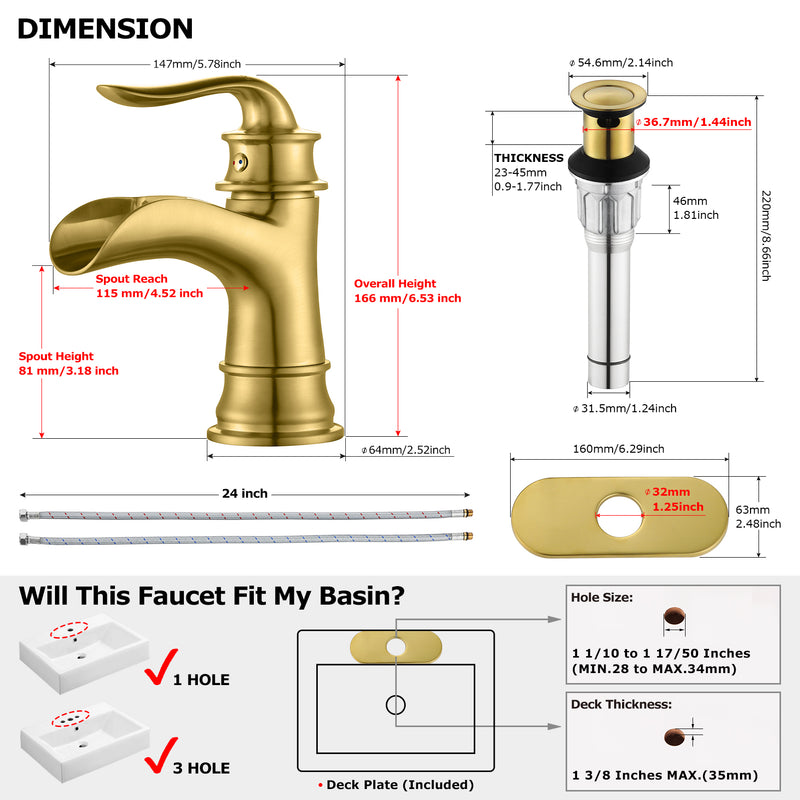 PARLOS Single Handle Bathroom Faucet, Waterfall Sink Faucet with Pop Up Drain, Escutcheon and Cupc Water Supply Lines, Brushed Gold, 1434908