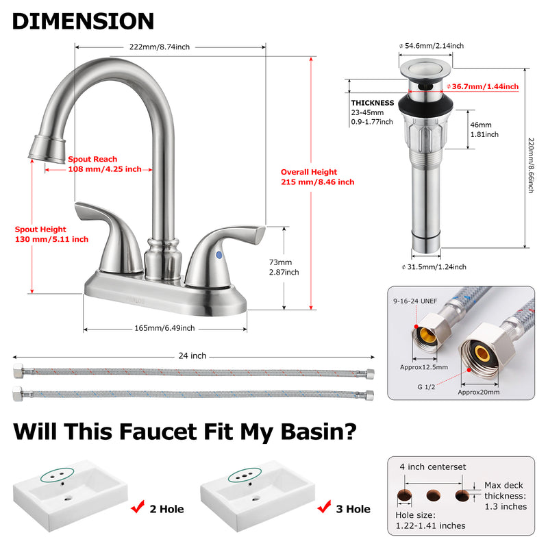 PARLOS Two-Handle Bathroom Sink Faucet with Metal Drain Assembly and Supply Hose Lead-Free cUPC Mixer Double Handle Tap Laundry Utility Faucet, Brushed Nickel, 1.2 GPM (13591P)