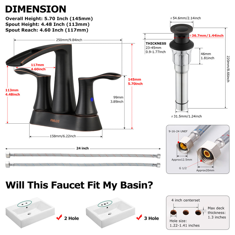 PARLOS 2 Handles Waterfall Bathroom Faucet with Pop-up Drain and Faucet Supply Lines, Oil Rubbed Bronze, Demeter 1431703
