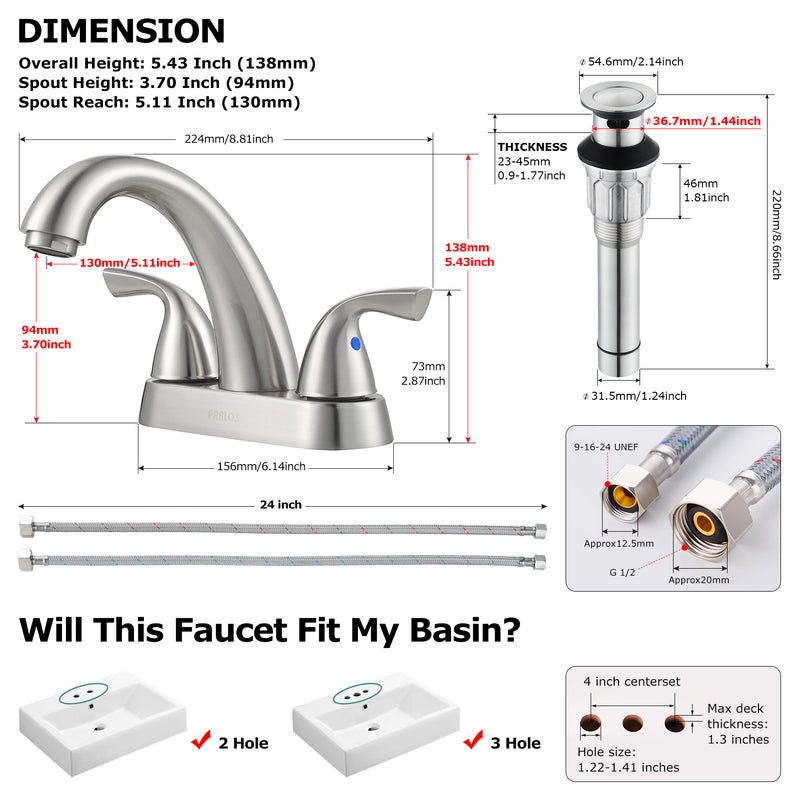 PARLOS 2-Handle Bathroom Sink Faucet with Drain Assembly and Supply Hose Lead-Free cUPC Lavatory Faucet Mixer Double Handle Tap Deck Mounted Brushed Nickel,1.2 GPM Flow Rate (13598P)