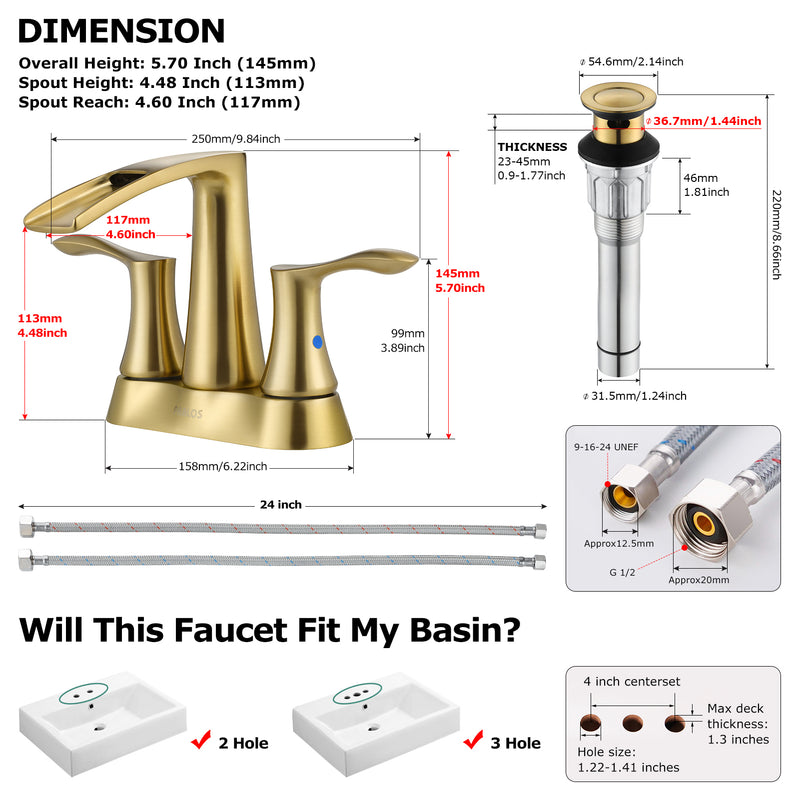 PARLOS 2 Handles Waterfall Bathroom Faucet with Pop-up Drain and Faucet Supply Lines, Brushed Gold, Demeter （1431708）