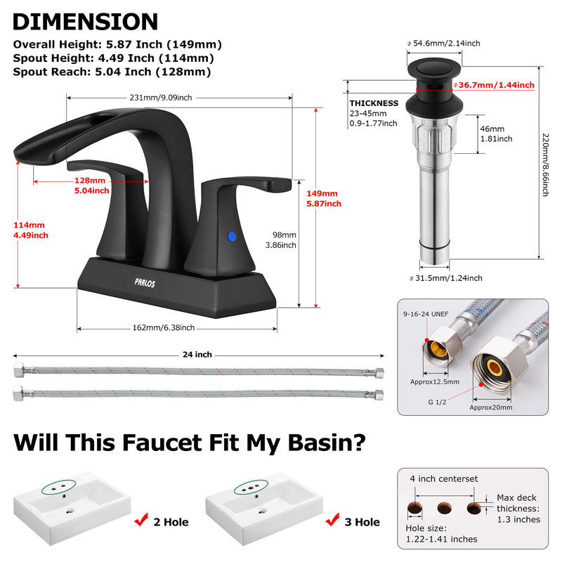 PARLOS 2 Handles Waterfall Bathroom Faucet with Pop-up Drain and Faucet Supply Lines, Matte Black, Doris (1406804)