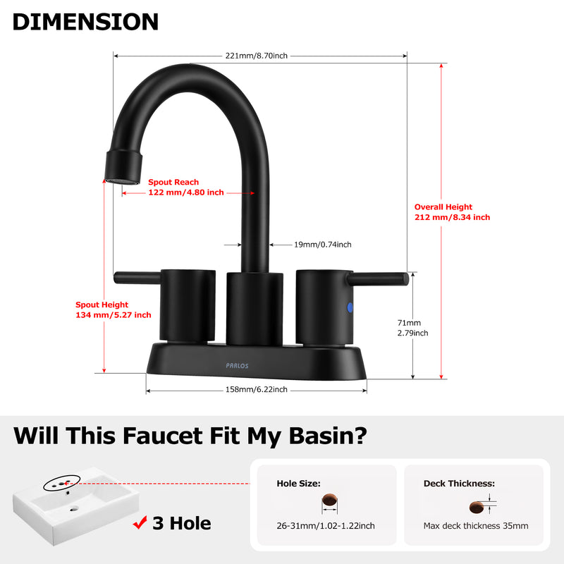 PARLOS 2-Handle Swivel Bathroom Sink Faucet Without Drain Assembly, Small Vanity Faucet 3 Hole Centerset Lavatory Faucet, Matte Black, 1438204PD