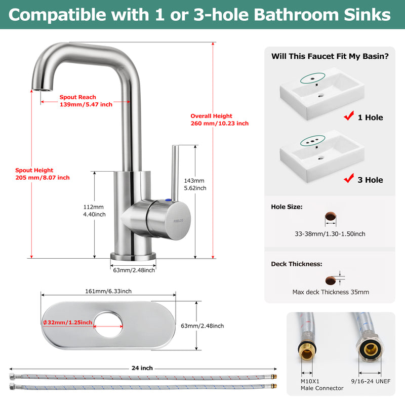 PARLOS Bar Sink Faucet Single Handle Swivel Bar Mixer with 3 Hole Deck Plate, Single Hole Small Faucet for Bathroom Kitchen Sink, Brushed Nickel, 1440302PD