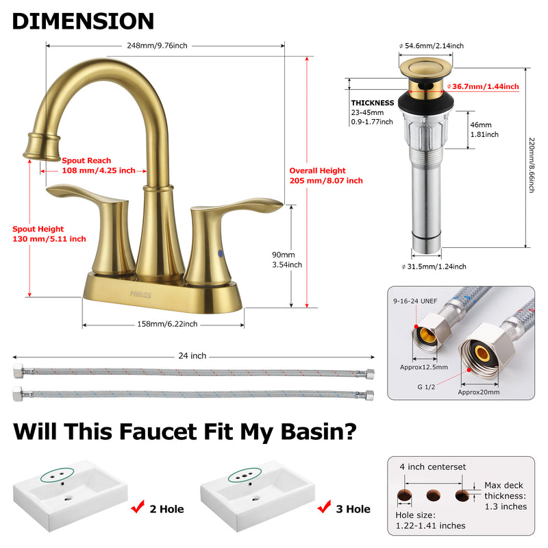 PARLOS Swivel Spout 2-Handle Lavatory Faucet Bathroom Sink Faucet with Metal Pop-up Drain and Faucet Supply Lines, Brushed Gold, 1.2 GPM (1362708P)