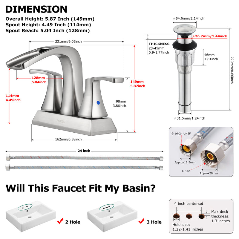 PARLOS 2 Handles Waterfall Bathroom Faucet with Pop-up Drain and Faucet Supply Lines, Brushed Nickel, Doris,1.5GPM（14068）