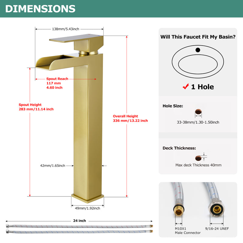 PARLOS Waterfall Vessel Sink Faucet Tall Bathroom Faucet Single Handle, Single Hole Bowl Basin Mixer Tap with Water Supply Lines, Brushed Gold, 1441108D