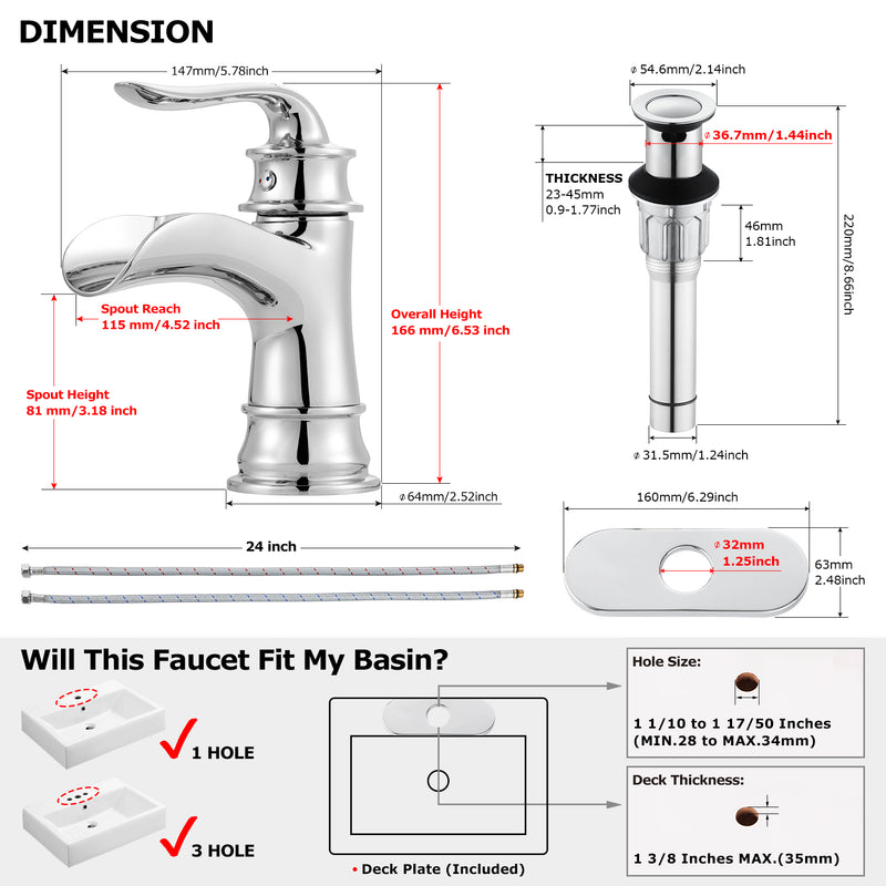 PARLOS Single Handle Bathroom Faucet, Waterfall Sink Faucet with Pop Up Drain, Escutcheon and Cupc Water Supply Lines, Chrome, 1434901