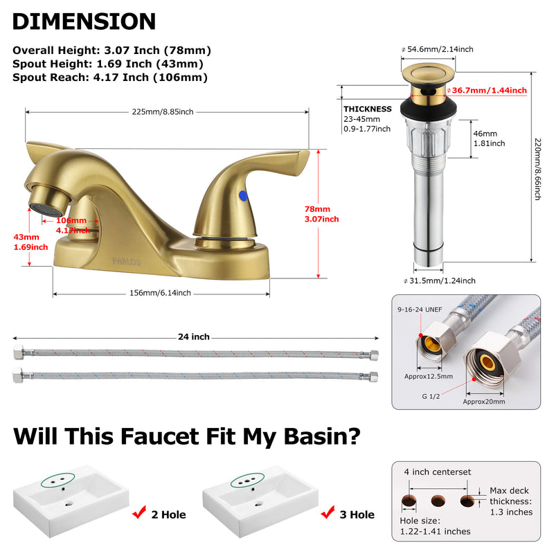 PARLOS Two-Handle Bathroom Sink Faucet with Metal Drain Assembly and Supply Hose, Lead-Free cUPC,Brushed Gold,1.2 GPM (1362208P)