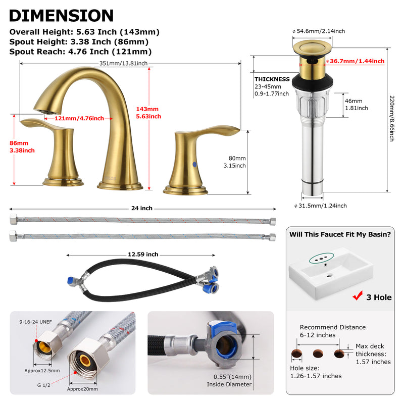 PARLOS Widespread 2 Handles Bathroom Faucet with Metal Pop Up Sink Drain and cUPC Faucet Supply Lines, Brushed Gold, 1.2 GPM (1364708P)