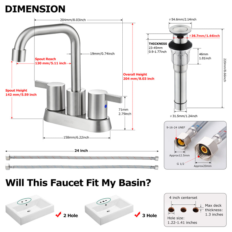 PARLOS 2 Handles Bathroom Faucet Brushed Nickel with Metal Pop-up Drain （1431602）