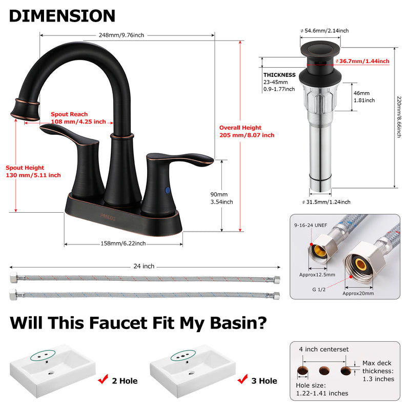 PARLOS 2-Handle Bathroom Sink Faucet High Arc Swivel Spout with Drain assembly and Faucet Supply Lines, Oil Rubbed Bronze, Demeter,1.5GPM (13628)