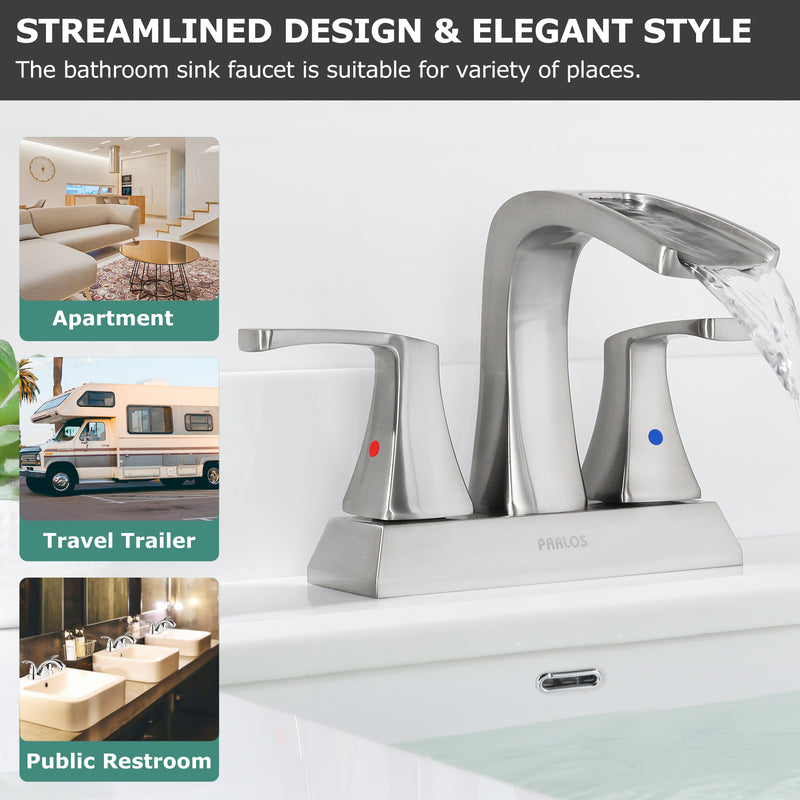 PARLOS 2 Handles Waterfall Bathroom Faucet with Pop-up Drain and Faucet Supply Lines, Brushed Nickel, 1.2 GPM (14068P)