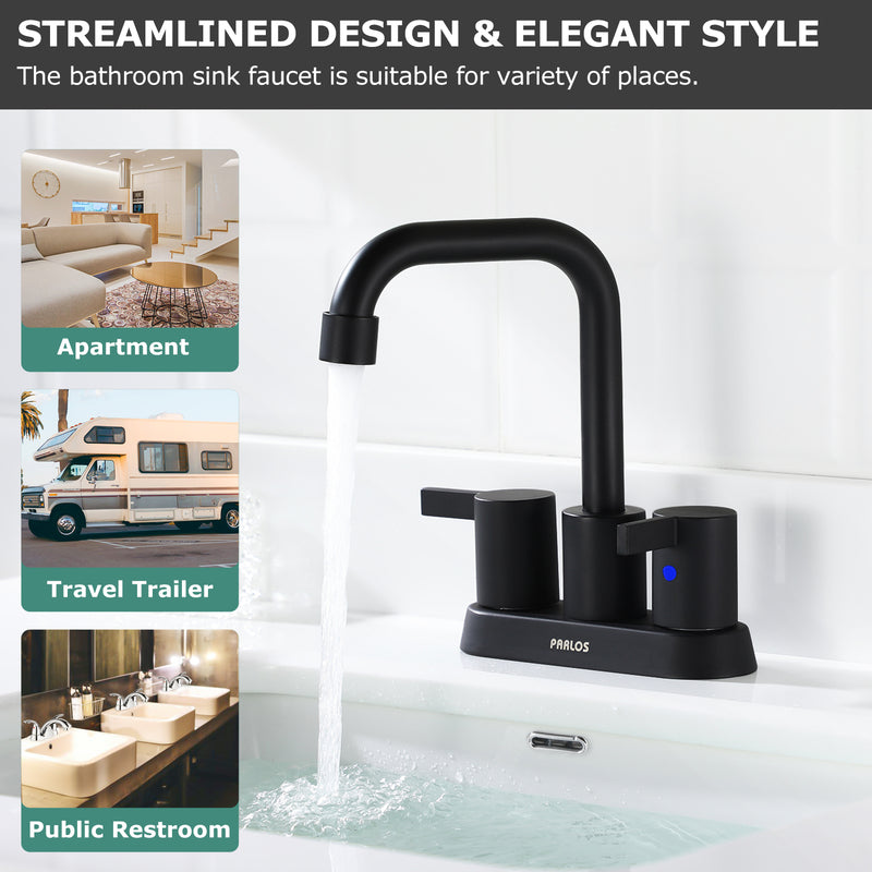 PARLOS 2-handle Matte Black Bathroom Faucet for Lavatory with Pop-up Sink Drain and Faucet Supply Lines, 1431604