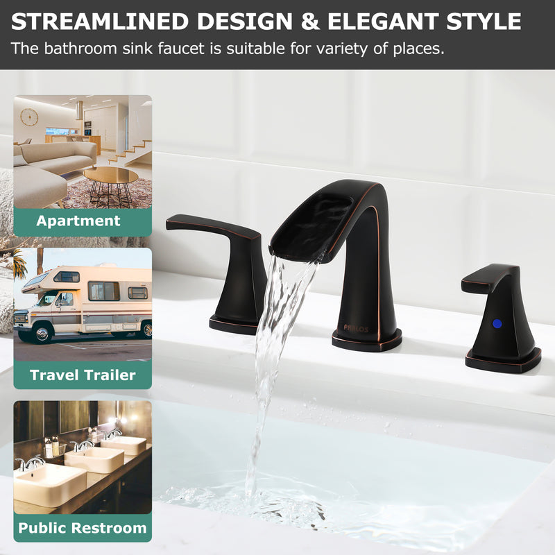 PARLOS Waterfall Widespread Two-Handle Bathroom Faucet with Pop Up Drain & Supply Lines, Oil Rubbed Bronze, Doris，1.5GPM  (14071)