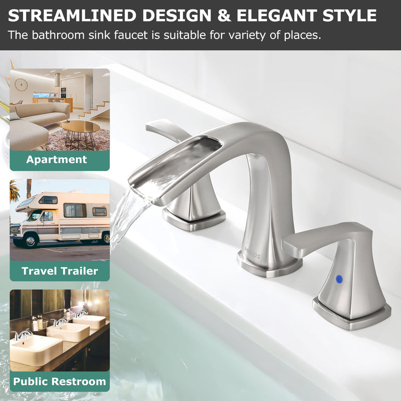 PARLOS Waterfall Widespread Bathroom Faucet Double Handles with Pop Up Drain & cUPC Faucet Supply Lines, Brushed Nickel, Doris,1.5GPM (14070)