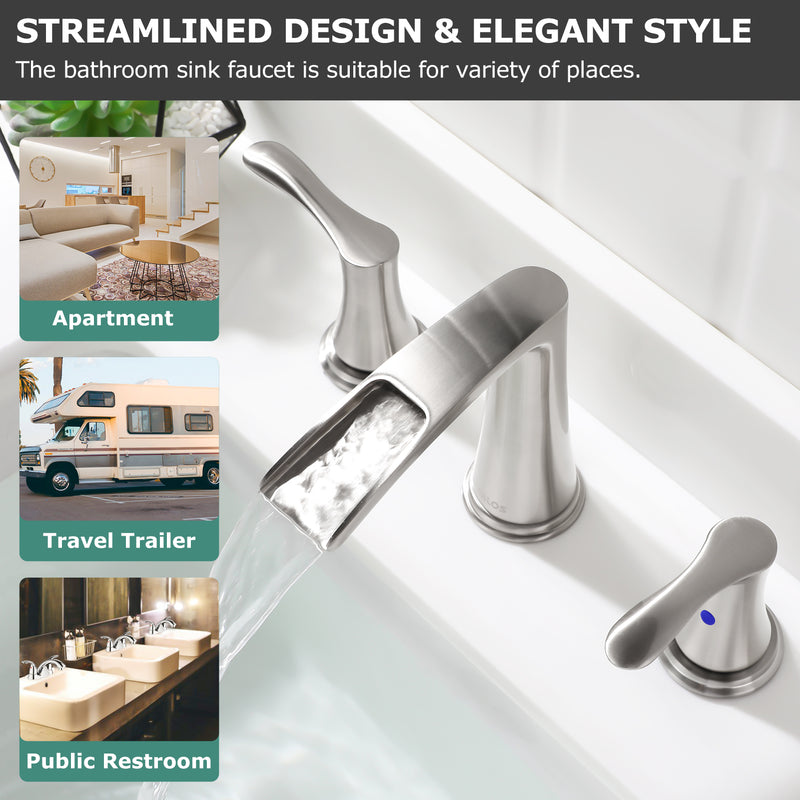 PARLOS Waterfall Widespread Bathroom Faucet 2 Handles with Pop Up Drain & cUPC Faucet Supply Lines, Brushed Nickel, Demeter 1431802