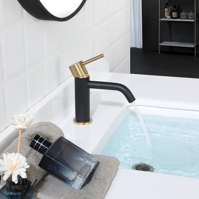 EZANDA Brass Single Handle Bathroom Faucet with Pop-up Sink Drain Assembly & Faucet Supply Lines, Matte Black with Brushed Gold (1431110)