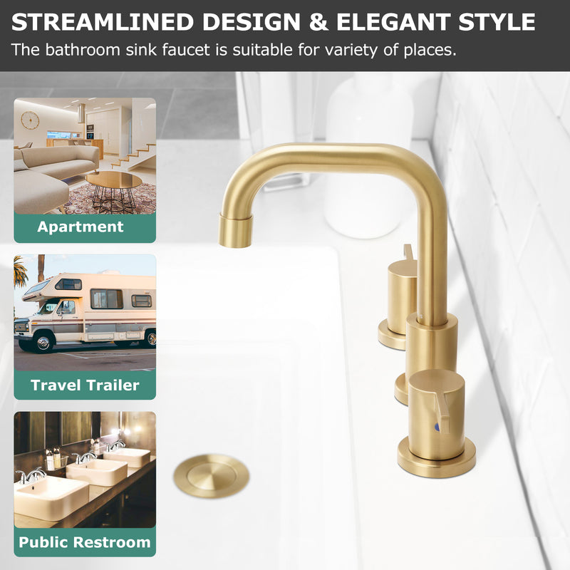 PARLOS Two-Handle Widespread Bathroom Faucet with Pop-up Drain Assembly and cUPC Faucet Supply Lines, Brushed Gold,1.5GPM (1364908)