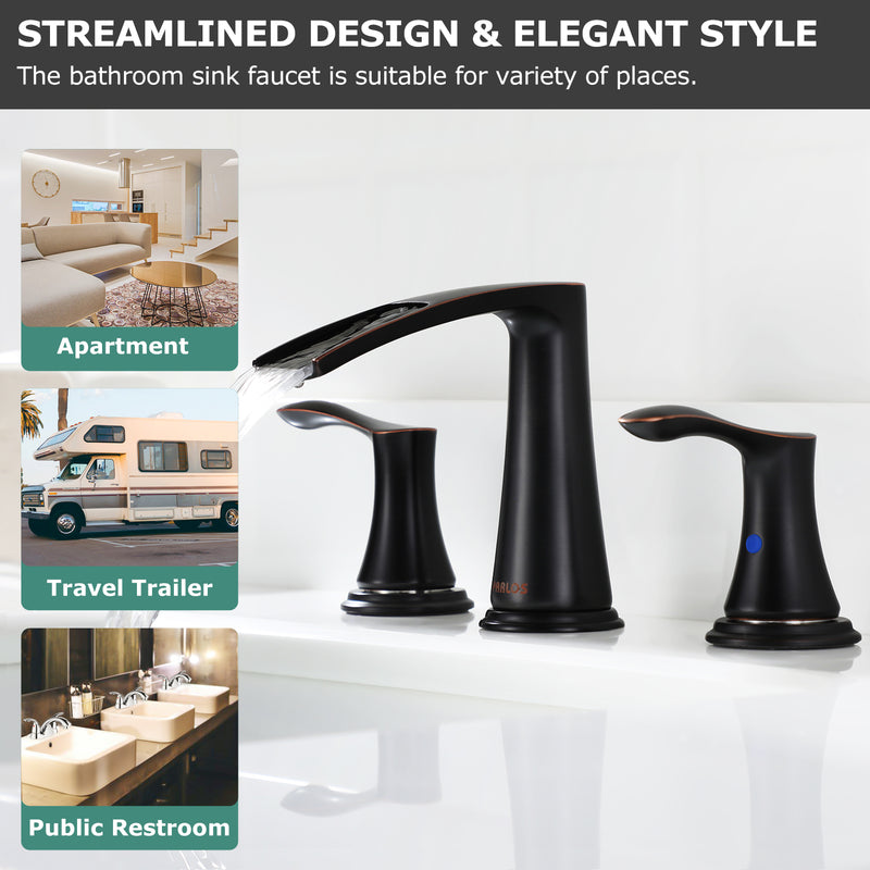 PARLOS Waterfall Widespread Bathroom Faucet Double Handles with Metal Pop Up Drain & cUPC Faucet Supply Lines, Oil Rubbed Bronze, 1.2 GPM (1431803P)